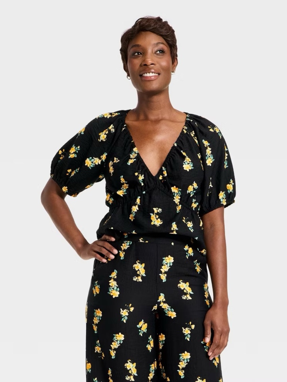 a new day Black Puff-Sleeve Floral Peplum Top with Yellow Flowers
